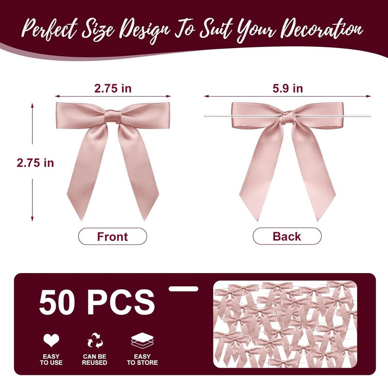Sokfone Satin Ribbon Rose Pink Bow Decor 2.5" Premade Rose Pink Twist Tie Bows for Gift Wrapping Bow for Treat Bags Party Favors Wedding Decorations - 50 Counts - Image 3